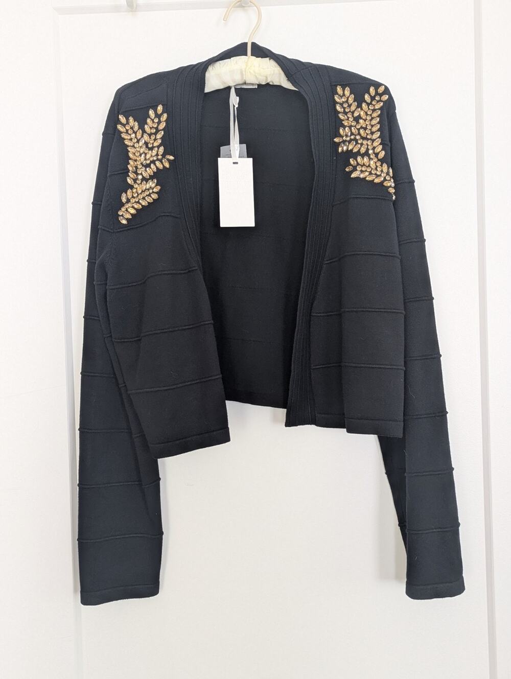 Grace Karin Black Cropped Cardigan 2XL Rhinestone Gold Leaf Embellished Shrug